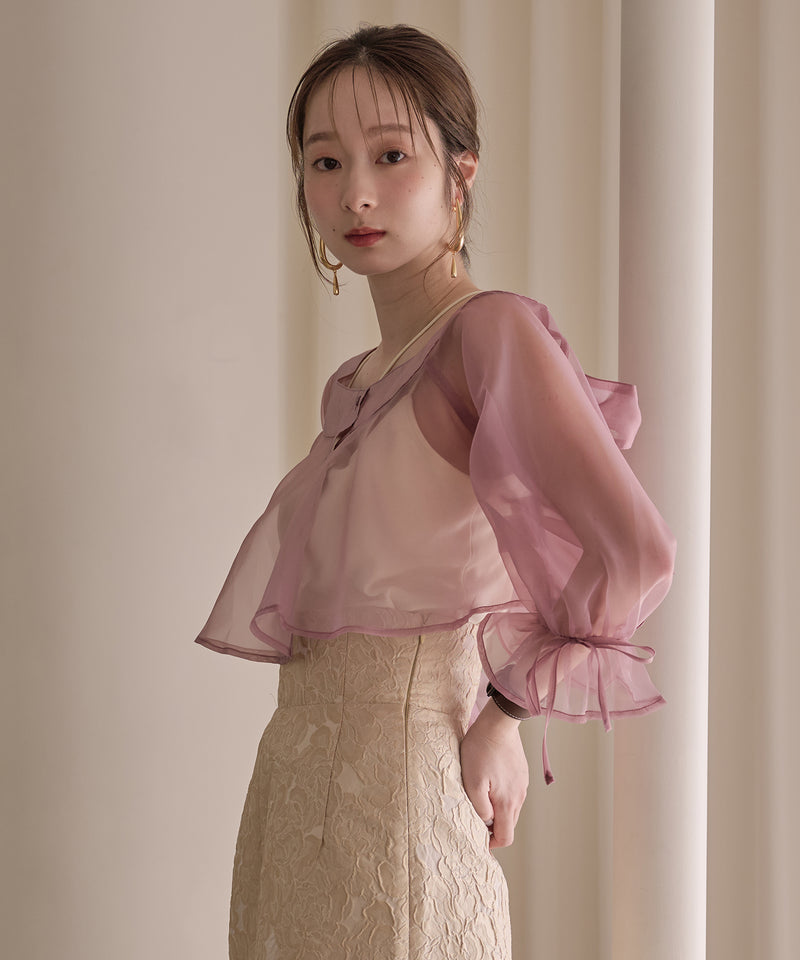 2way ribbon cropped sheer blouse / 2wayリボンクロップドシアーブラウス