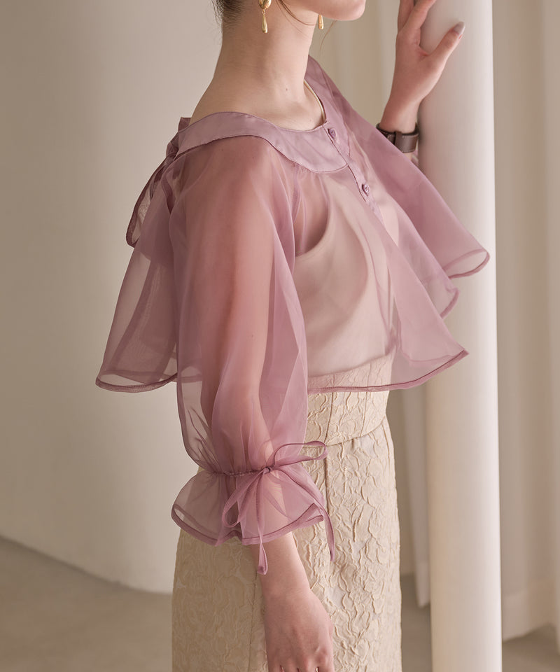 2way ribbon cropped sheer blouse / 2wayリボンクロップドシアーブラウス